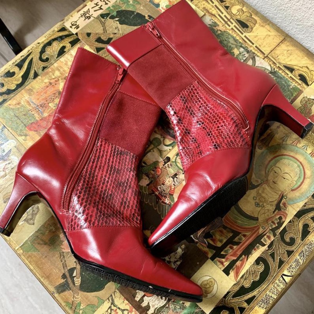 Vtg 90s Rose Red Genuine Leather & Snakeskin Boots